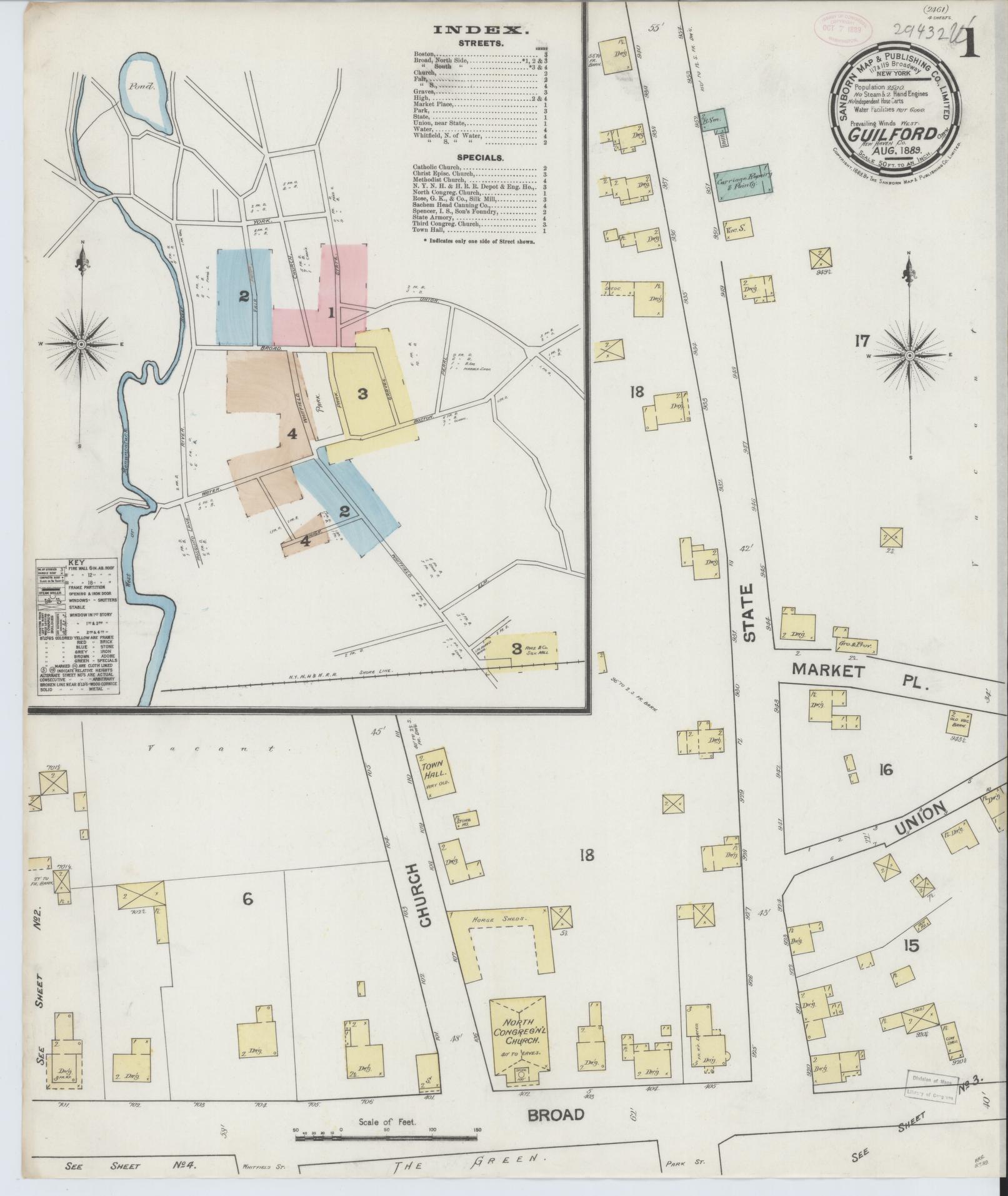Sanborn Fire Insurance Map from Guilford, New Haven County, Connecticut (1889), Sheet #0001 - Historic Sanborn Fire Insurance Map Print, vintage old map wall art, antique decor, genealogy gift, Connecticut Connecticut map