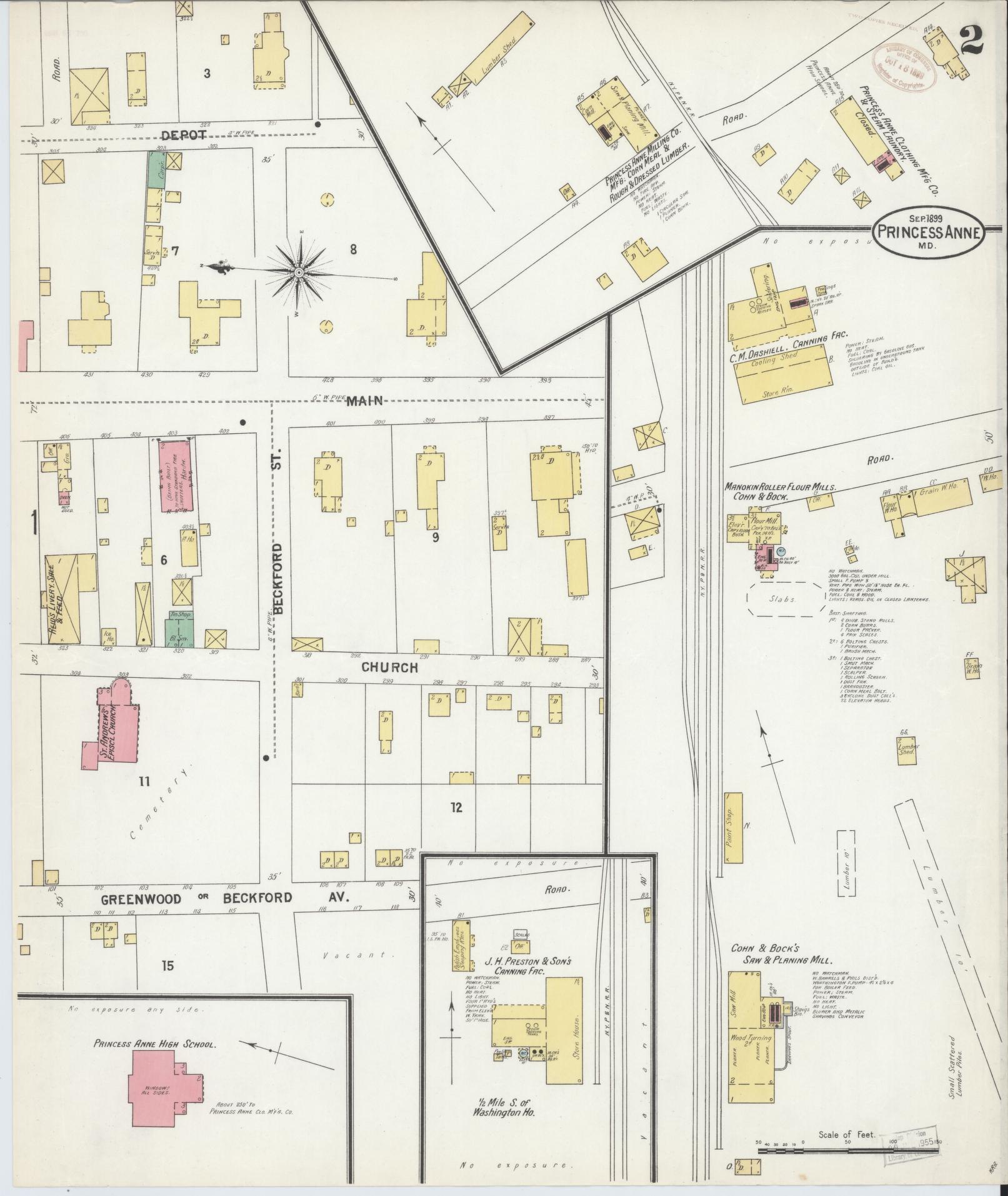 Sanborn Fire Insurance Map from Princess Anne, Somerset County, Maryland (1899), Sheet #0002 - Historic Sanborn Fire Insurance Map Print, vintage old map wall art