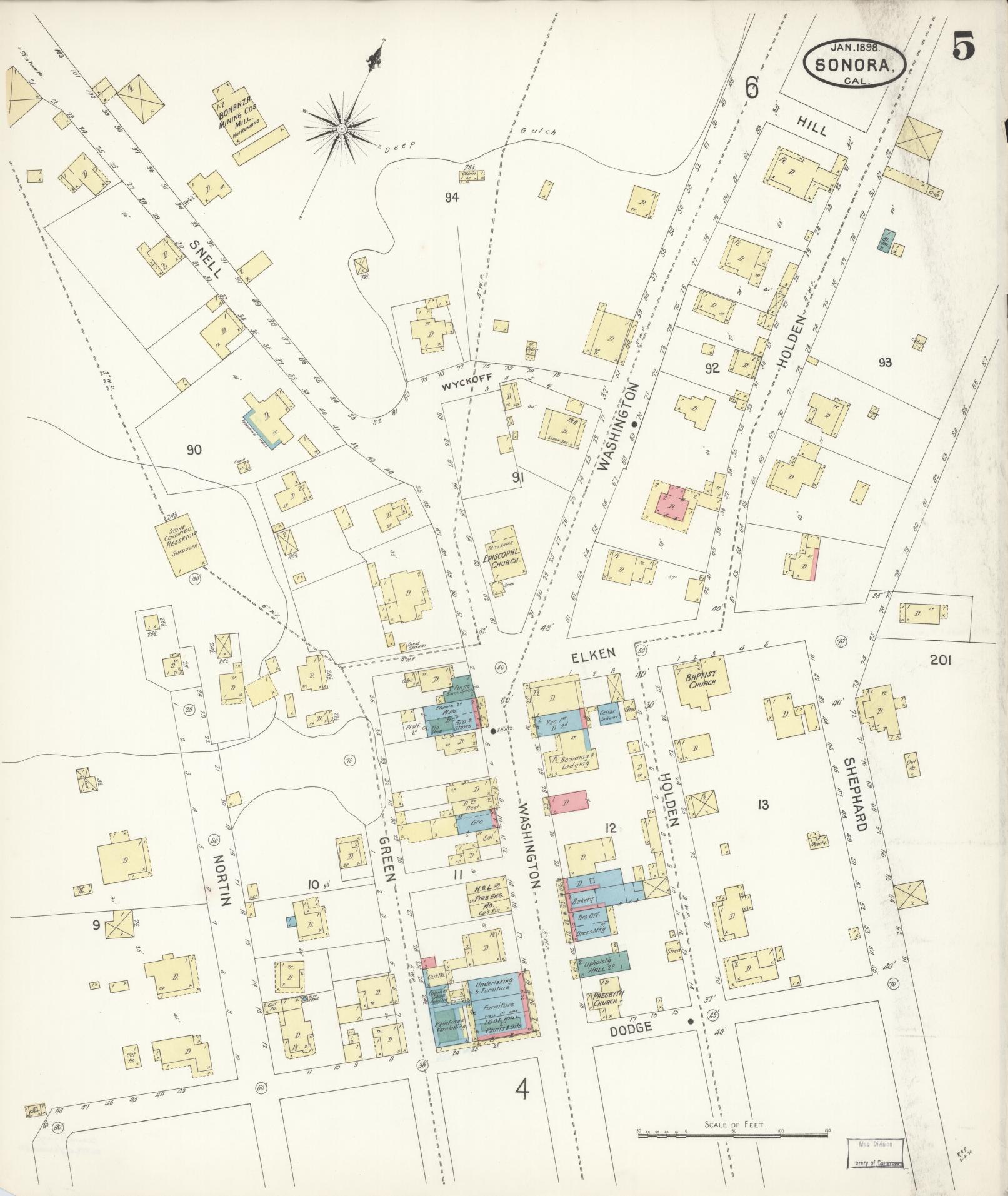 Sanborn Fire Insurance Map from Sonora, Tuolumne County, California (1898), Sheet #0005 - Complete Map Set gallery image, historic Sanborn map, vintage wall art, California California
