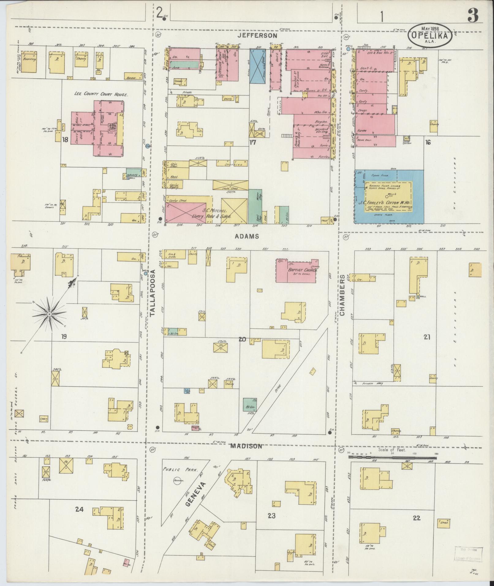 Sanborn Fire Insurance Map from Opelika, Lee County, Alabama (1898), Sheet #0003 - Historic Sanborn Fire Insurance Map Print, vintage old map wall art, antique decor, genealogy gift, Alabama Alabama map