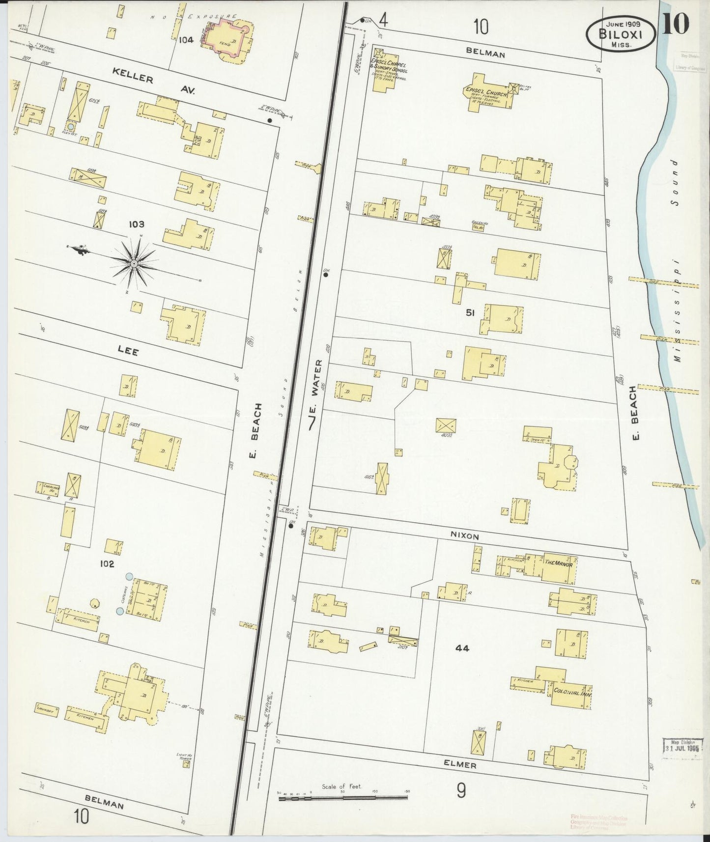 Sanborn Fire Insurance Map from Biloxi, Harrison County, Mississippi (1909), Sheet #0010 - Complete Map Set gallery image, historic Sanborn map, vintage wall art, Mississippi Mississippi