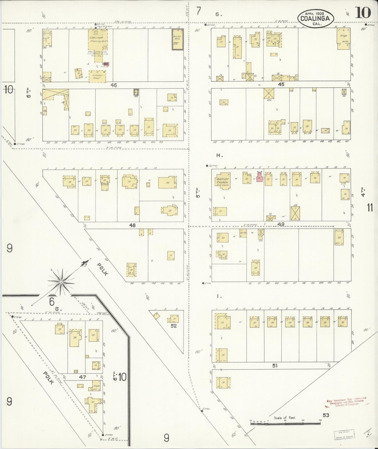 Sanborn Fire Insurance Map from Coalinga, Fresno County, California (1909), Sheet #0010 - Complete Map Set gallery image, historic Sanborn map, vintage wall art, California California
