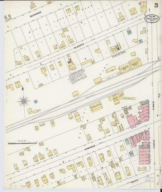 Sanborn Fire Insurance Map from Chelsea, Washtenaw County, Michigan (1899), Sheet #0003 - Historic Sanborn Fire Insurance Map Print, vintage old map wall art, antique decor, genealogy gift, Michigan Michigan map