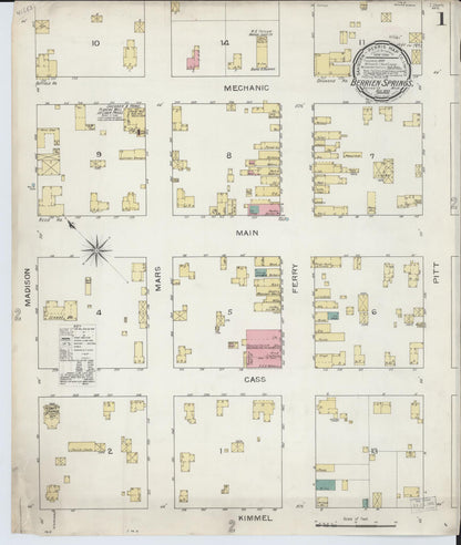 Sanborn Fire Insurance Map from Berrien Springs, Berrien County, Michigan (1893), Sheet #0001 - Historic Sanborn Fire Insurance Map Print, vintage old map wall art, antique decor, genealogy gift, Michigan Michigan map