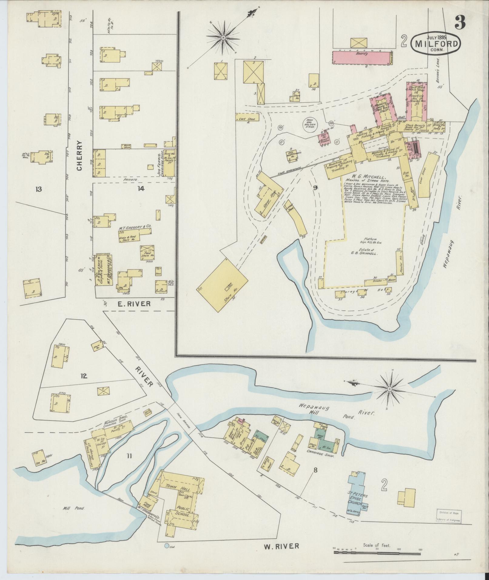 Sanborn Fire Insurance Map from Milford, New Haven County, Connecticut (1895), Sheet #0003 - Complete Map Set gallery image, historic Sanborn map, vintage wall art, Connecticut Connecticut