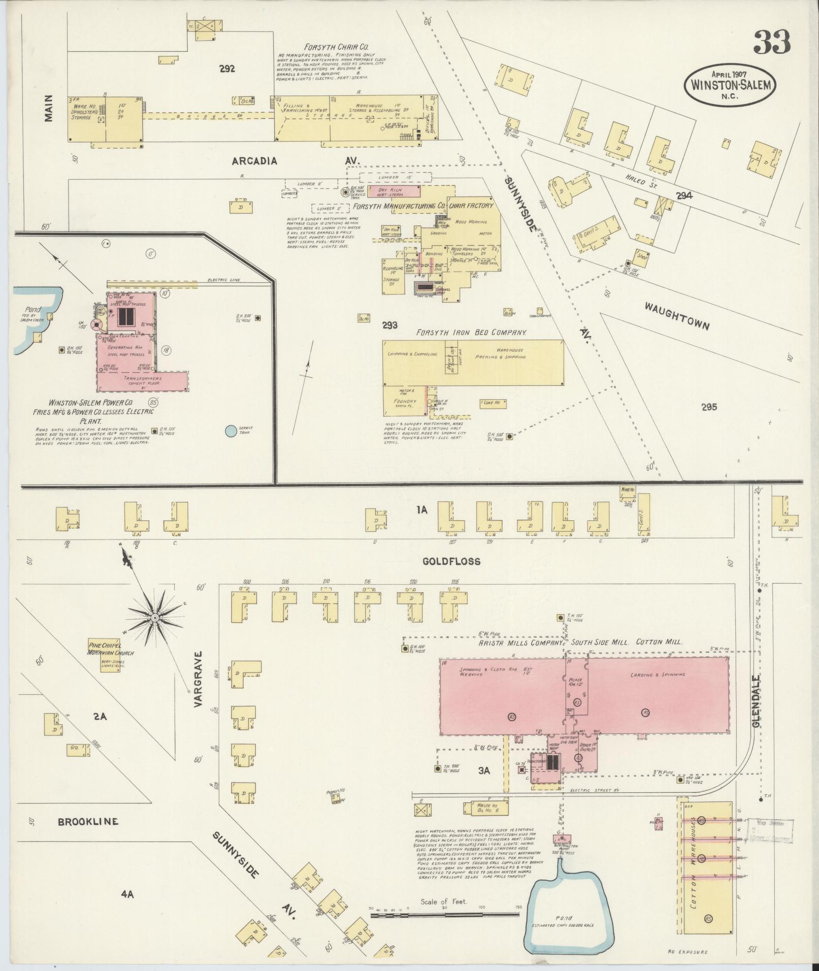 Sanborn Fire Insurance Map from Winston-Salem, Forsyth County, North Carolina (1907), Sheet #0033 - Complete Map Set gallery image, historic Sanborn map, vintage wall art, North Carolina North Carolina