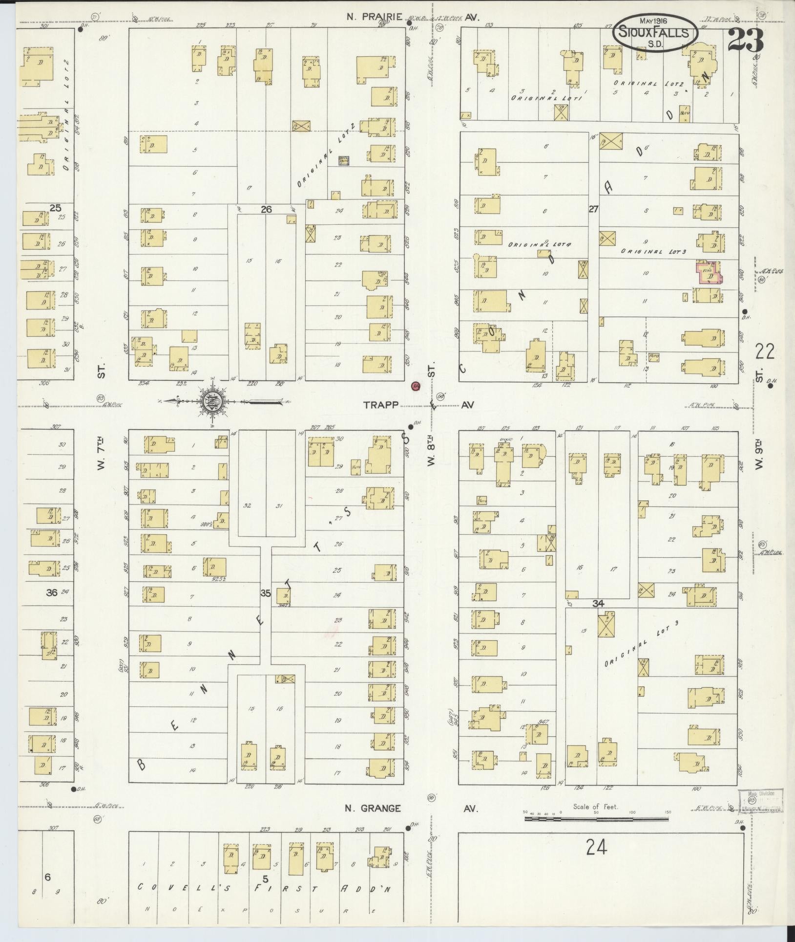 Sanborn Fire Insurance Map from Sioux Falls, Minnehaha County, South Dakota (1916), Sheet #0023 - Historic Sanborn Fire Insurance Map Print, vintage old map wall art, antique decor, genealogy gift, South Dakota South Dakota map