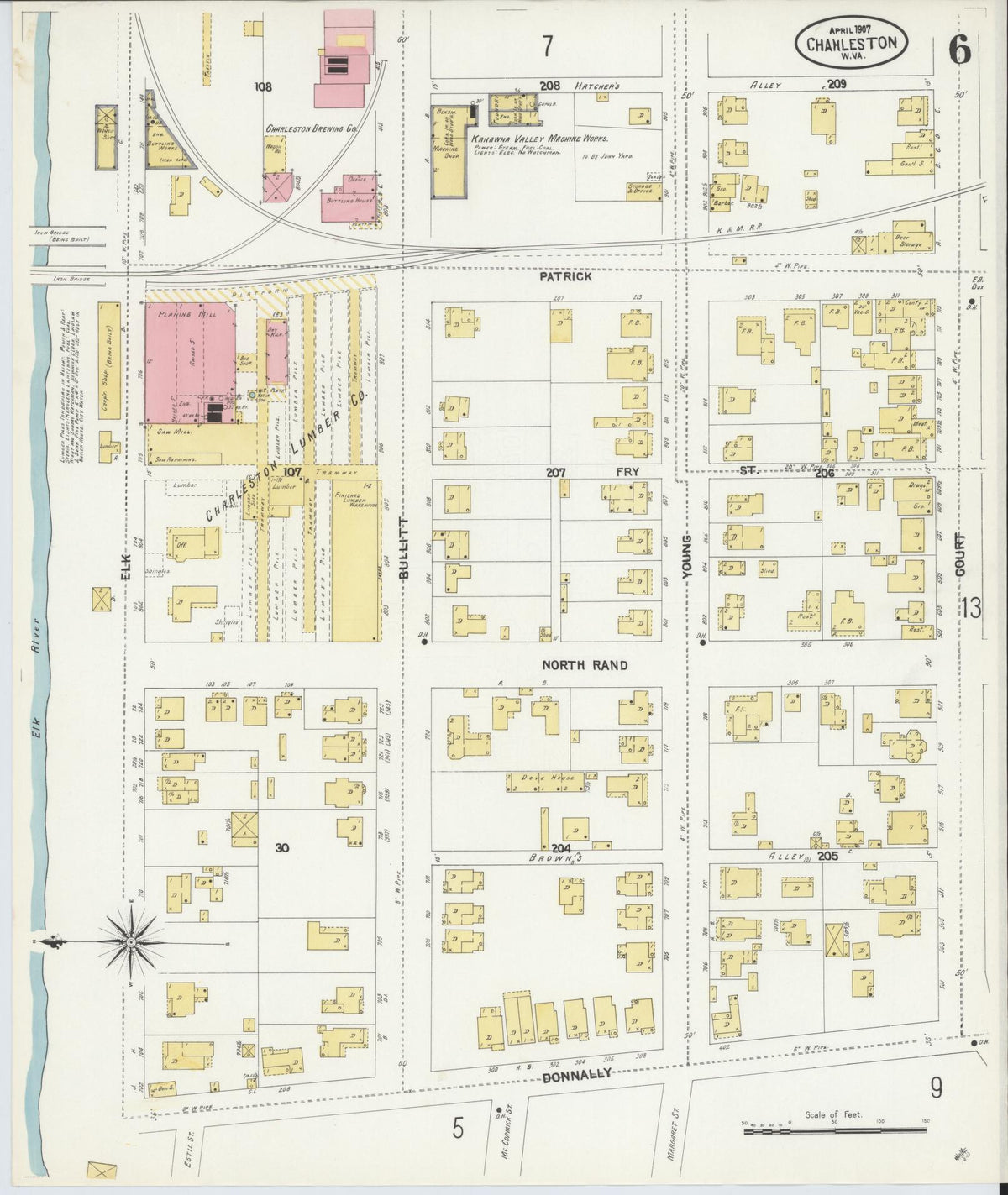Sanborn Fire Insurance Map from Charleston, Kanawha County, West Virginia (1907), Sheet #0006 - Complete Map Set gallery image, historic Sanborn map, vintage wall art, West Virginia West Virginia