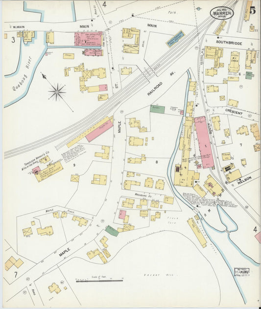 Sanborn Fire Insurance Map from Warren, Worcester County, Massachusetts (1902), Sheet #0005 - Historic Sanborn Fire Insurance Map Print, vintage old map wall art, antique decor, genealogy gift, Massachusetts Massachusetts map