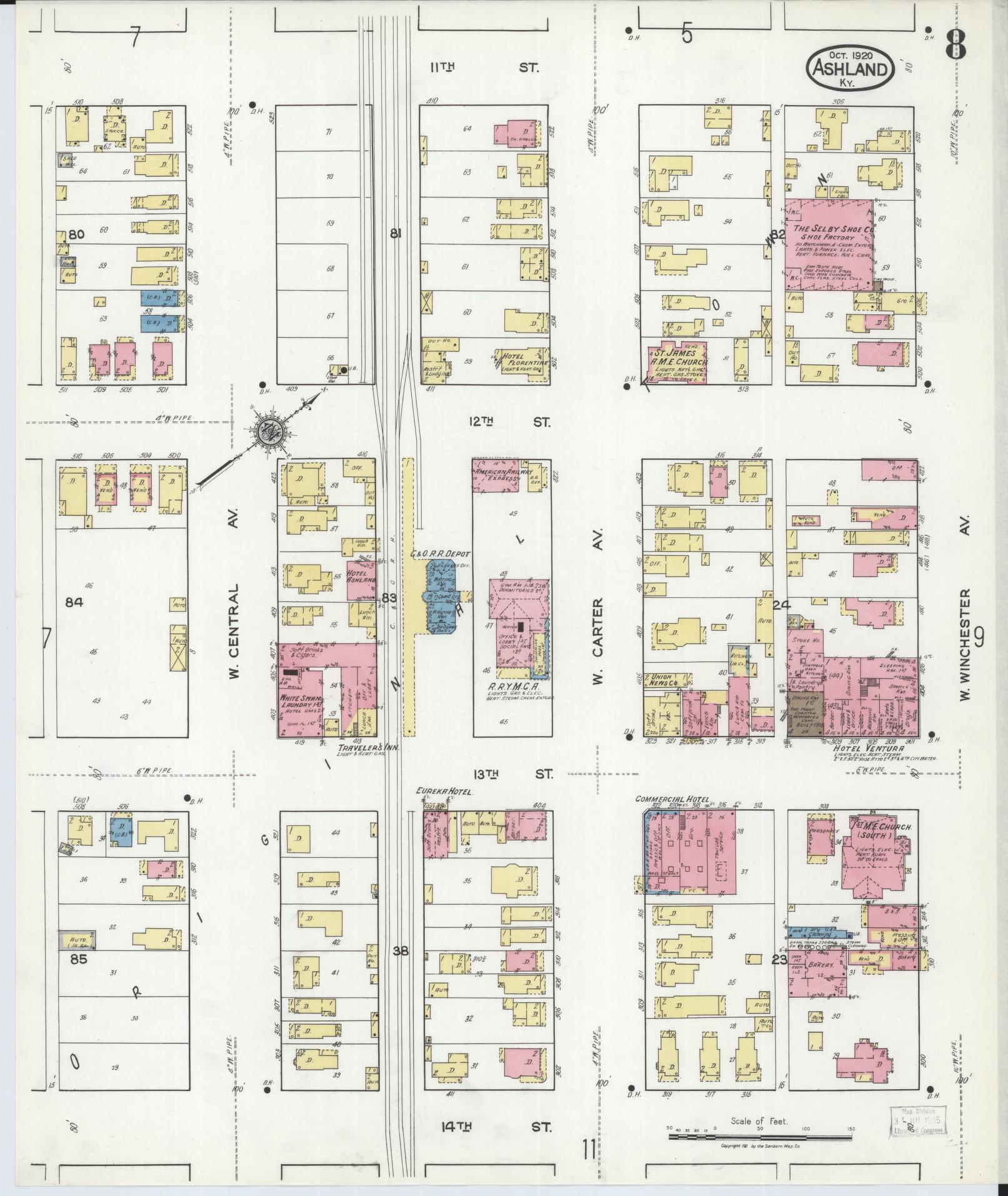 Sanborn Fire Insurance Map from Ashland, Boyd County, Kentucky (1920), Sheet #0008 - Historic Sanborn Fire Insurance Map Print, vintage old map wall art, antique decor, genealogy gift, Kentucky Kentucky map