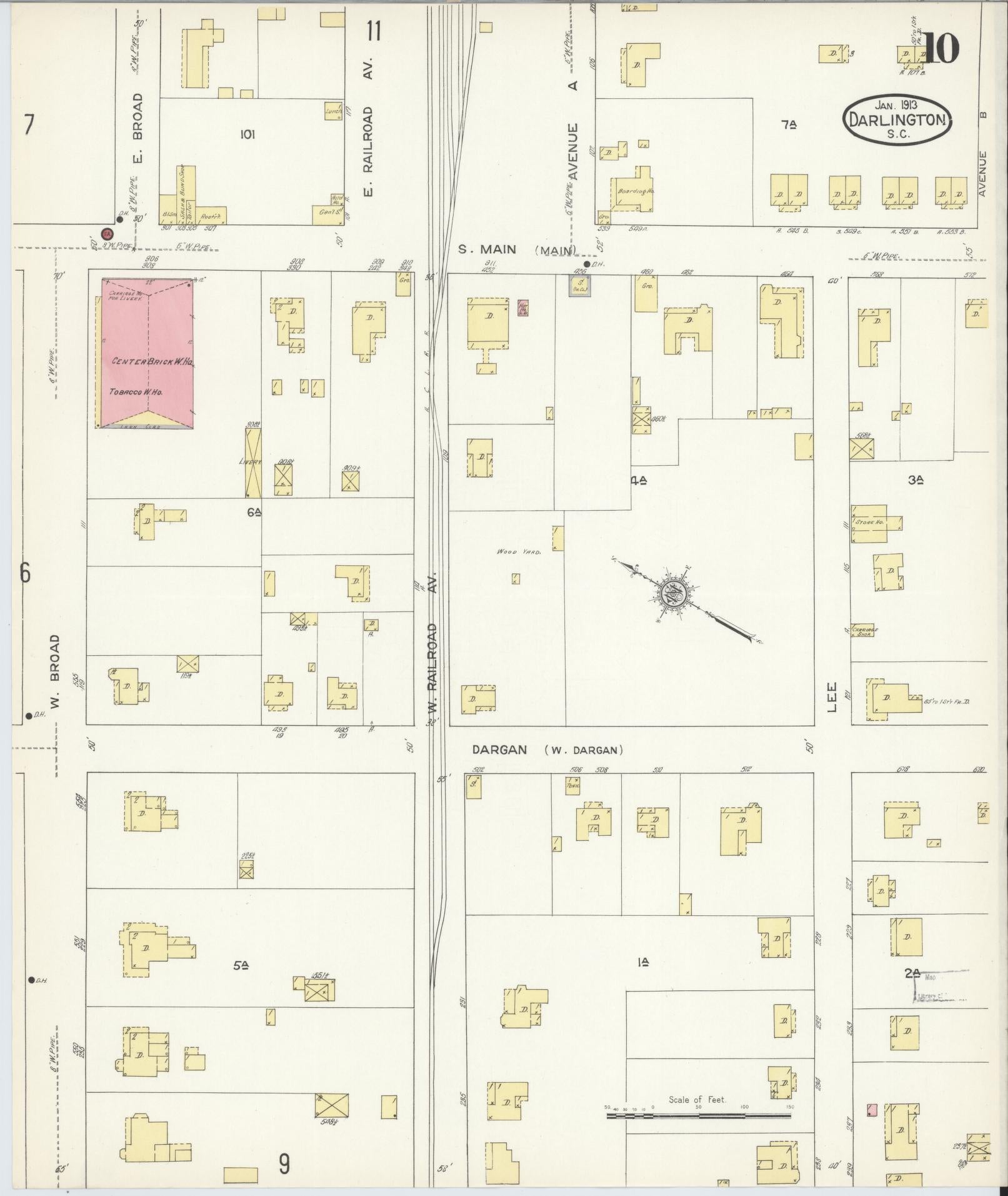 Sanborn Fire Insurance Map from Darlington, Darlington County, South Carolina (1913), Sheet #0010 - Historic Sanborn Fire Insurance Map Print, vintage old map wall art, antique decor, genealogy gift, South Carolina South Carolina map
