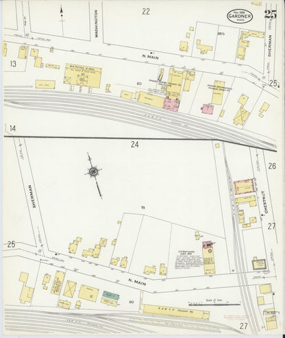 Sanborn Fire Insurance Map from Gardner, Worcester County, Massachusetts (1909), Sheet #0025 - Historic Sanborn Fire Insurance Map Print, vintage old map wall art, antique decor, genealogy gift, Massachusetts Massachusetts map