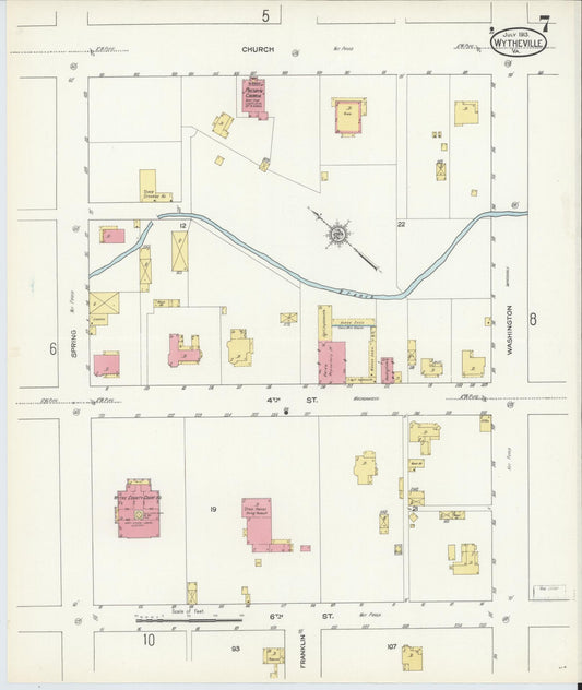 Sanborn Fire Insurance Map from Wytheville, Wythe County, Virginia (1913), Sheet #0007 - Historic Sanborn Fire Insurance Map Print, vintage old map wall art, antique decor, genealogy gift, Virginia Virginia map
