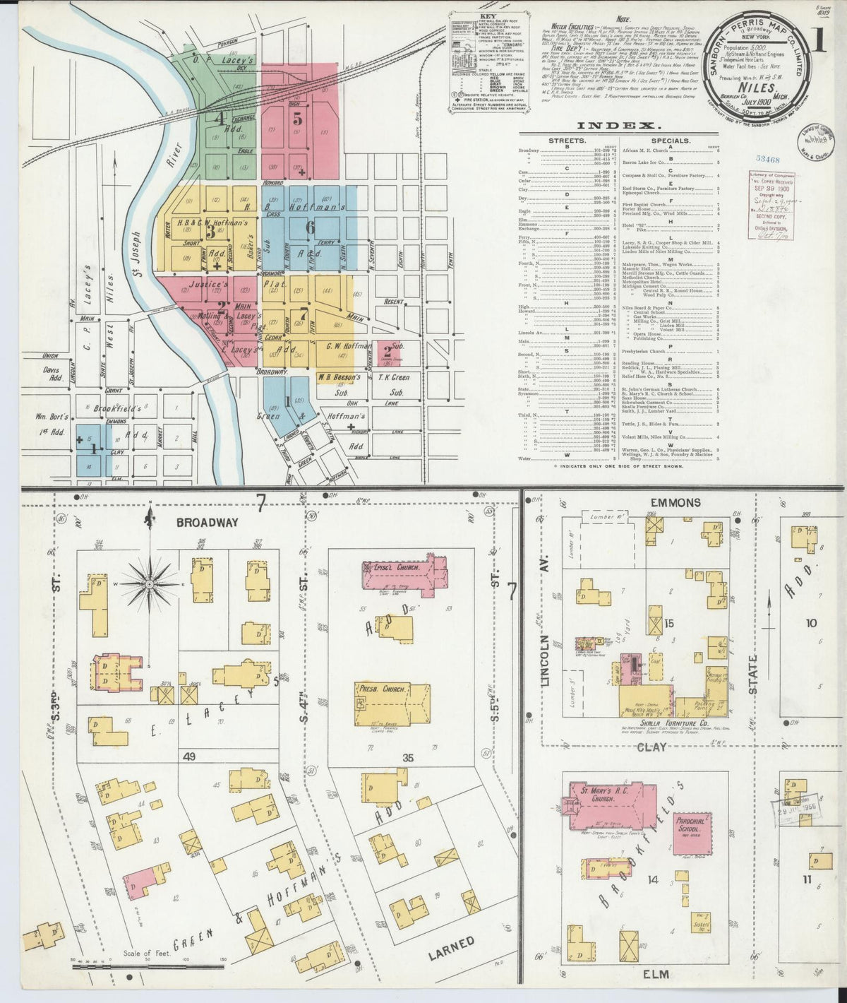 Sanborn Fire Insurance Map from Niles, Berrien County, Michigan (1900), Sheet #0001 - Historic Sanborn Fire Insurance Map Print, vintage old map wall art, antique decor, genealogy gift, Michigan Michigan map