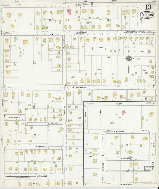 Sanborn Fire Insurance Map from Denton, Denton County, Texas (1917), Sheet #0013 - Historic Sanborn Fire Insurance Map Print, vintage old map wall art, antique decor, genealogy gift, Texas Texas map