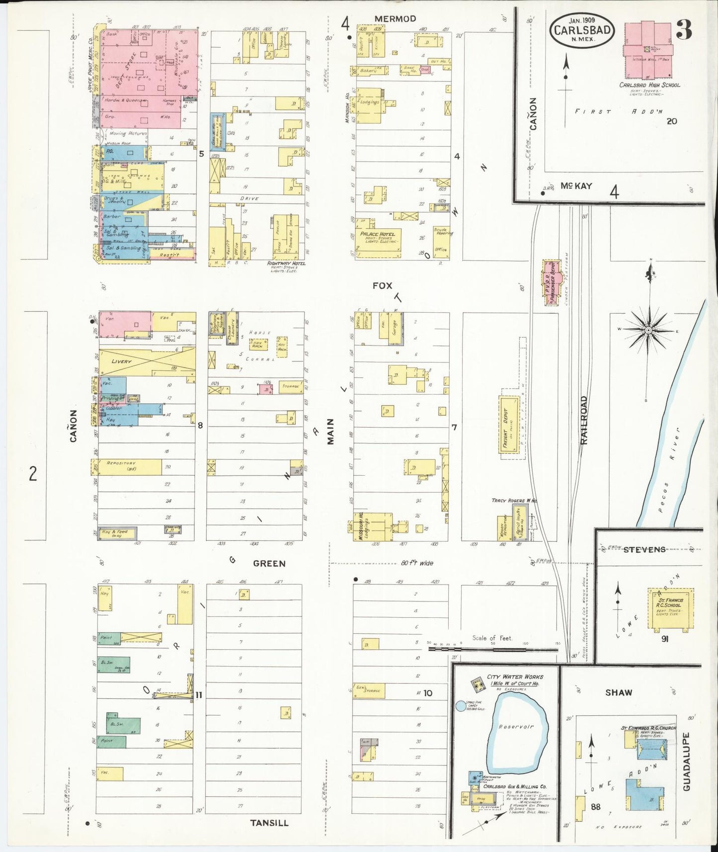 Sanborn Fire Insurance Map from Carlsbad, Eddy County, New Mexico (1909), Sheet #0003 - Complete Map Set gallery image, historic Sanborn map, vintage wall art, New Mexico New Mexico