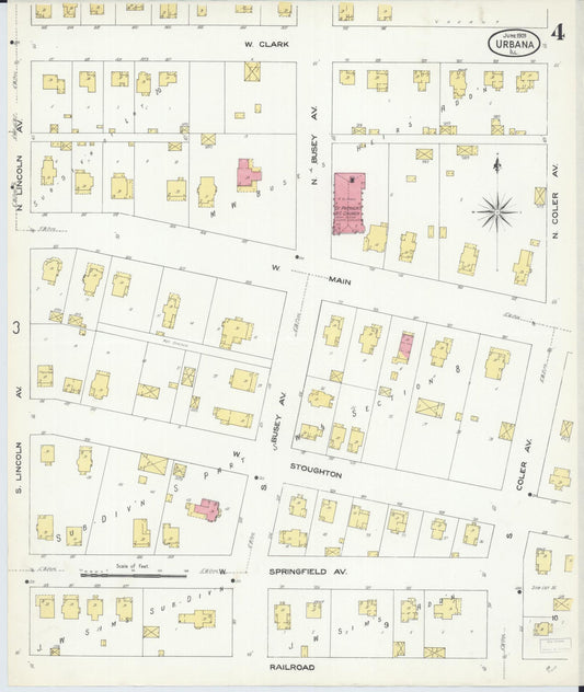 Sanborn Fire Insurance Map from Urbana, Champaign County, Illinois (1909), Sheet #0004 - Historic Sanborn Fire Insurance Map Print, vintage old map wall art, antique decor, genealogy gift, Illinois Illinois map