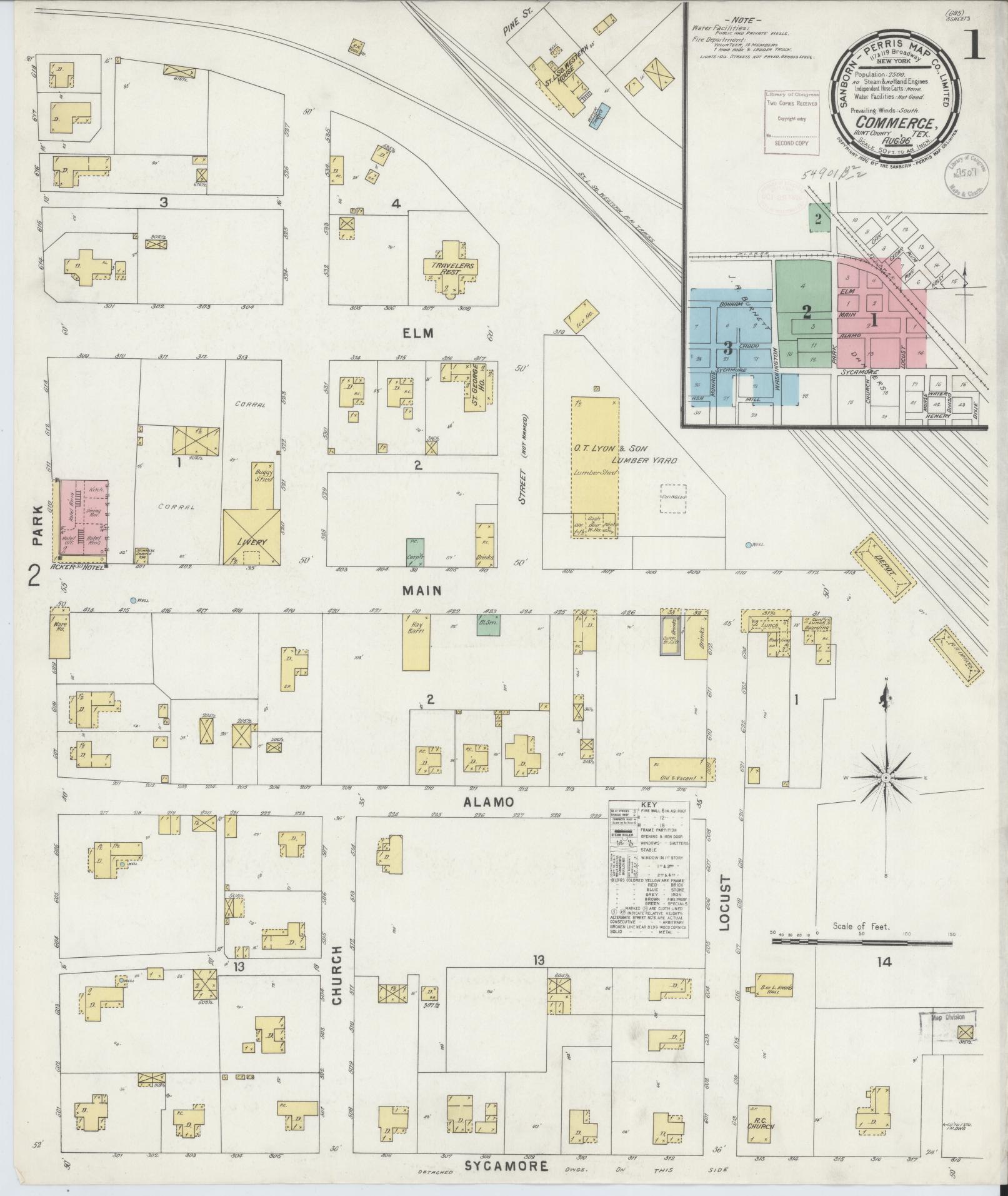 Sanborn Fire Insurance Map from Commerce, Hunt County, Texas (1896), Sheet #0001 - Historic Sanborn Fire Insurance Map Print, vintage old map wall art, antique decor, genealogy gift, Texas Texas map