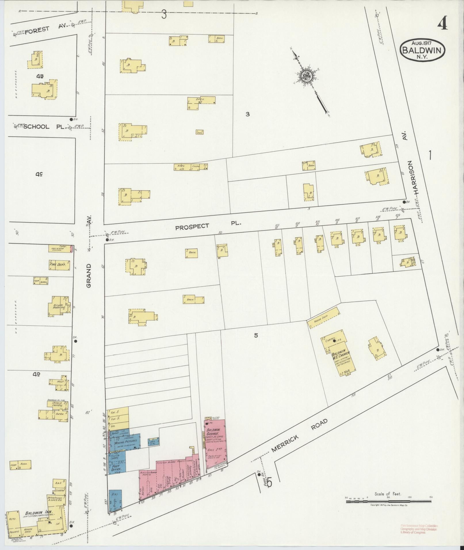 Sanborn Fire Insurance Map from Baldwin, Nassau County, New York (1917), Sheet #0004 - Historic Sanborn Fire Insurance Map Print, vintage old map wall art, antique decor, genealogy gift, New York New York map