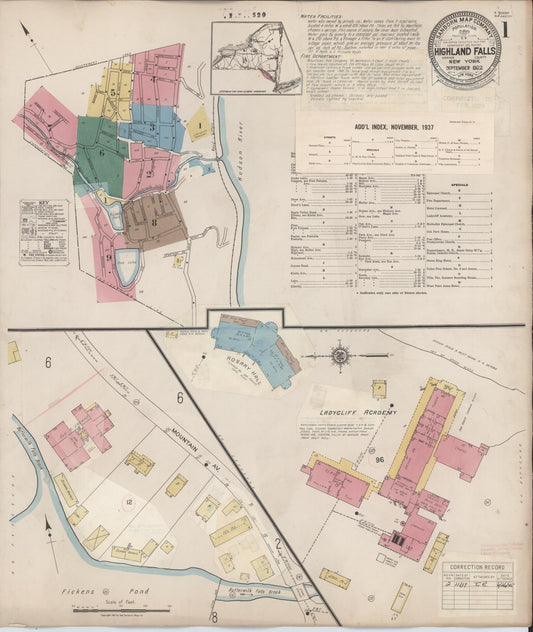 Sanborn Fire Insurance Map from Highland Falls, Orange County, New York (1937), Sheet #0001 - Historic Sanborn Fire Insurance Map Print, vintage old map wall art, antique decor, genealogy gift, New York New York map