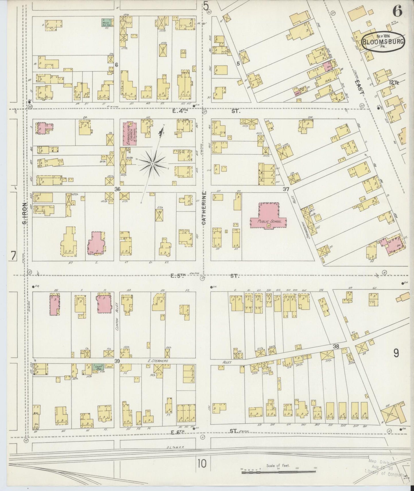 Sanborn Fire Insurance Map from Bloomsburg, Columbia County, Pennsylvania (1896), Sheet #0006 - Historic Sanborn Fire Insurance Map Print, vintage old map wall art, antique decor, genealogy gift, Pennsylvania Pennsylvania map