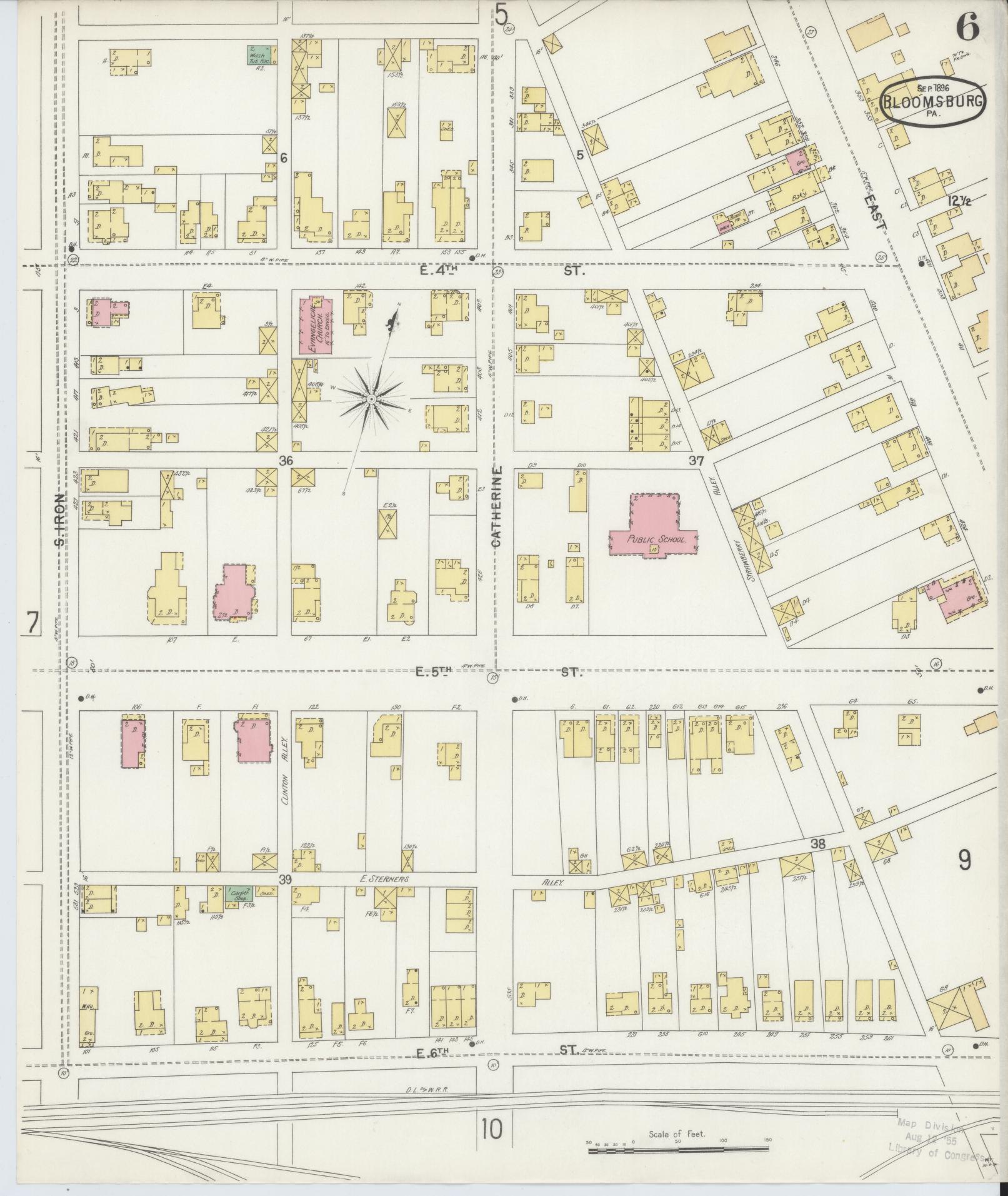 Sanborn Fire Insurance Map from Bloomsburg, Columbia County, Pennsylvania (1896), Sheet #0006 - Historic Sanborn Fire Insurance Map Print, vintage old map wall art, antique decor, genealogy gift, Pennsylvania Pennsylvania map