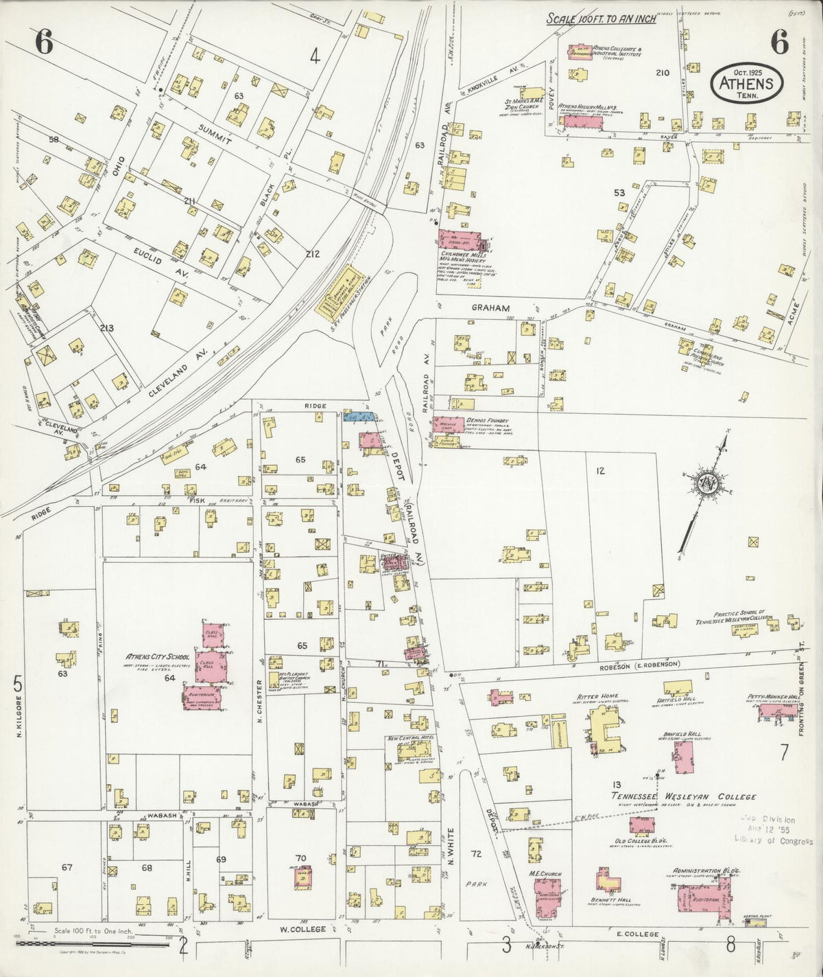 Sanborn Fire Insurance Map from Athens, McMinn County, Tennessee (1925), Sheet #0006 - Complete Map Set gallery image, historic Sanborn map, vintage wall art, Tennessee Tennessee