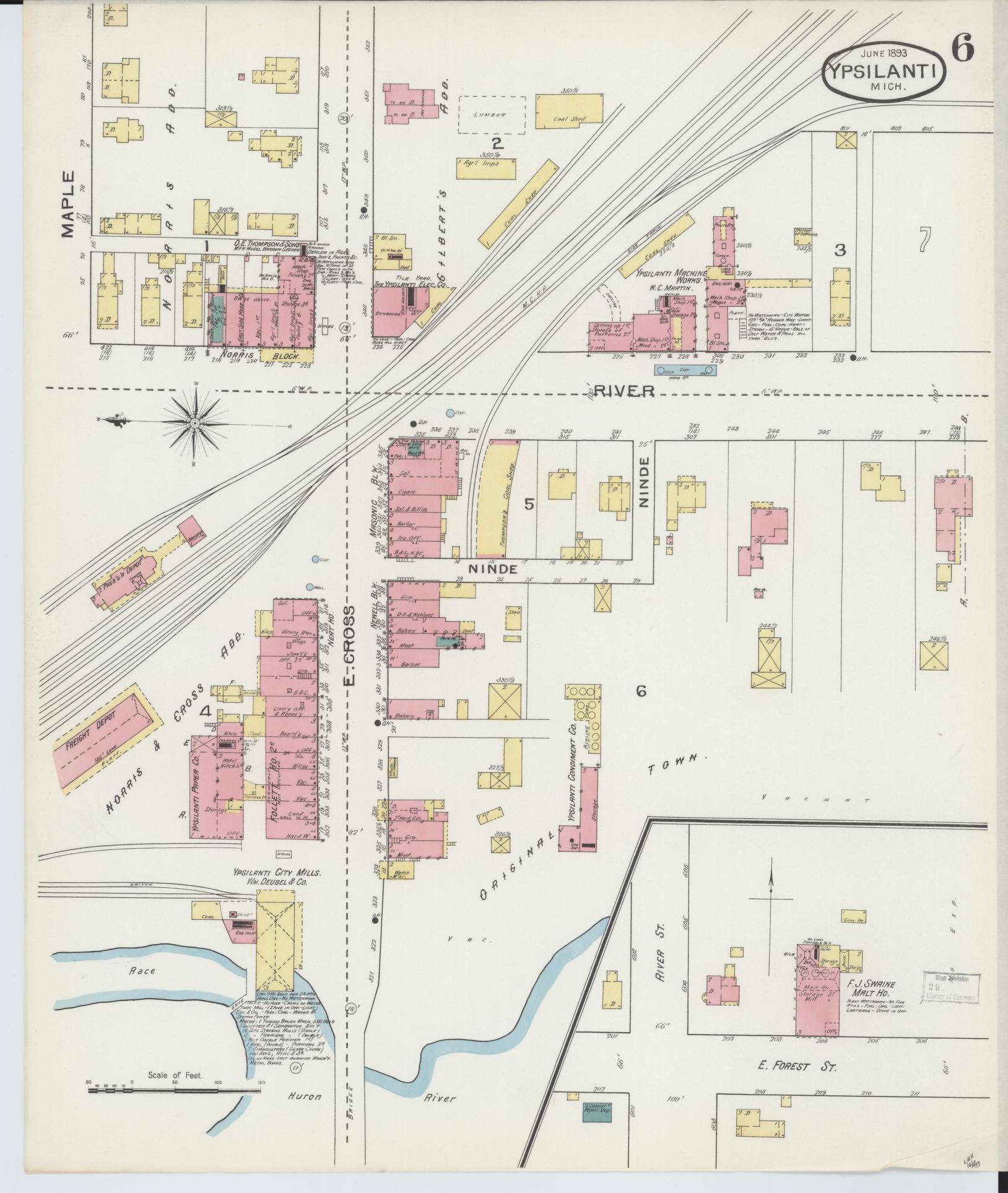 Sanborn Fire Insurance Map from Ypsilanti, Washtenaw County, Michigan (1893), Sheet #0006 - Complete Map Set gallery image, historic Sanborn map, vintage wall art, Michigan Michigan