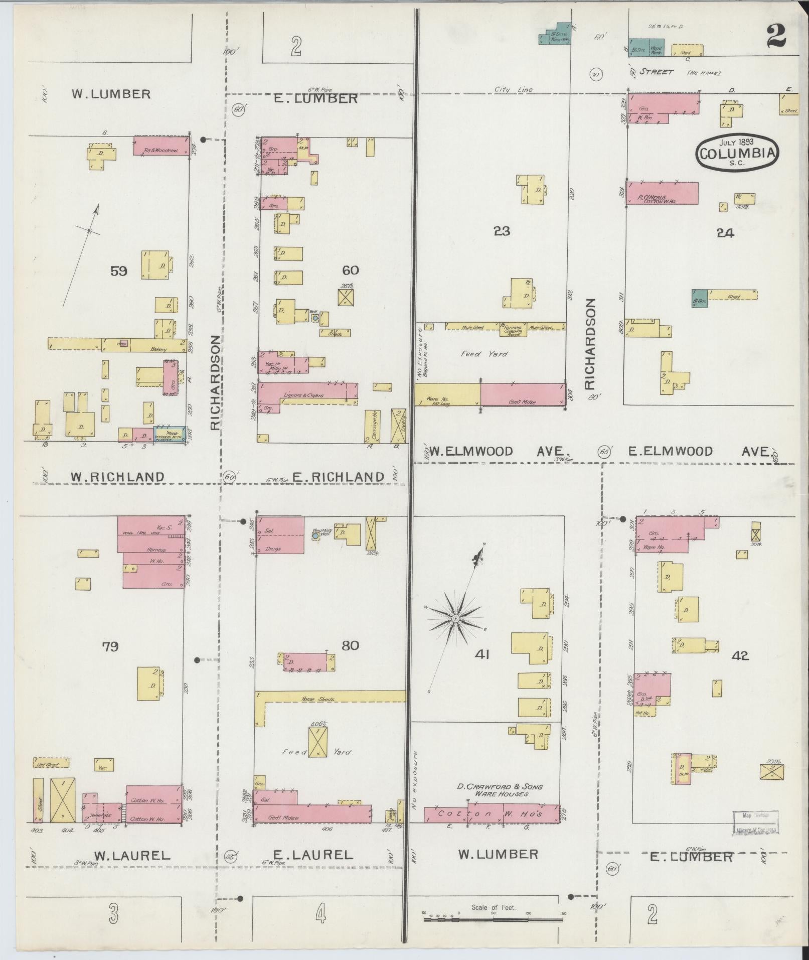 Sanborn Fire Insurance Map from Columbia, Richland County, South Carolina (1893), Sheet #0002 - Historic Sanborn Fire Insurance Map Print, vintage old map wall art, antique decor, genealogy gift, South Carolina South Carolina map