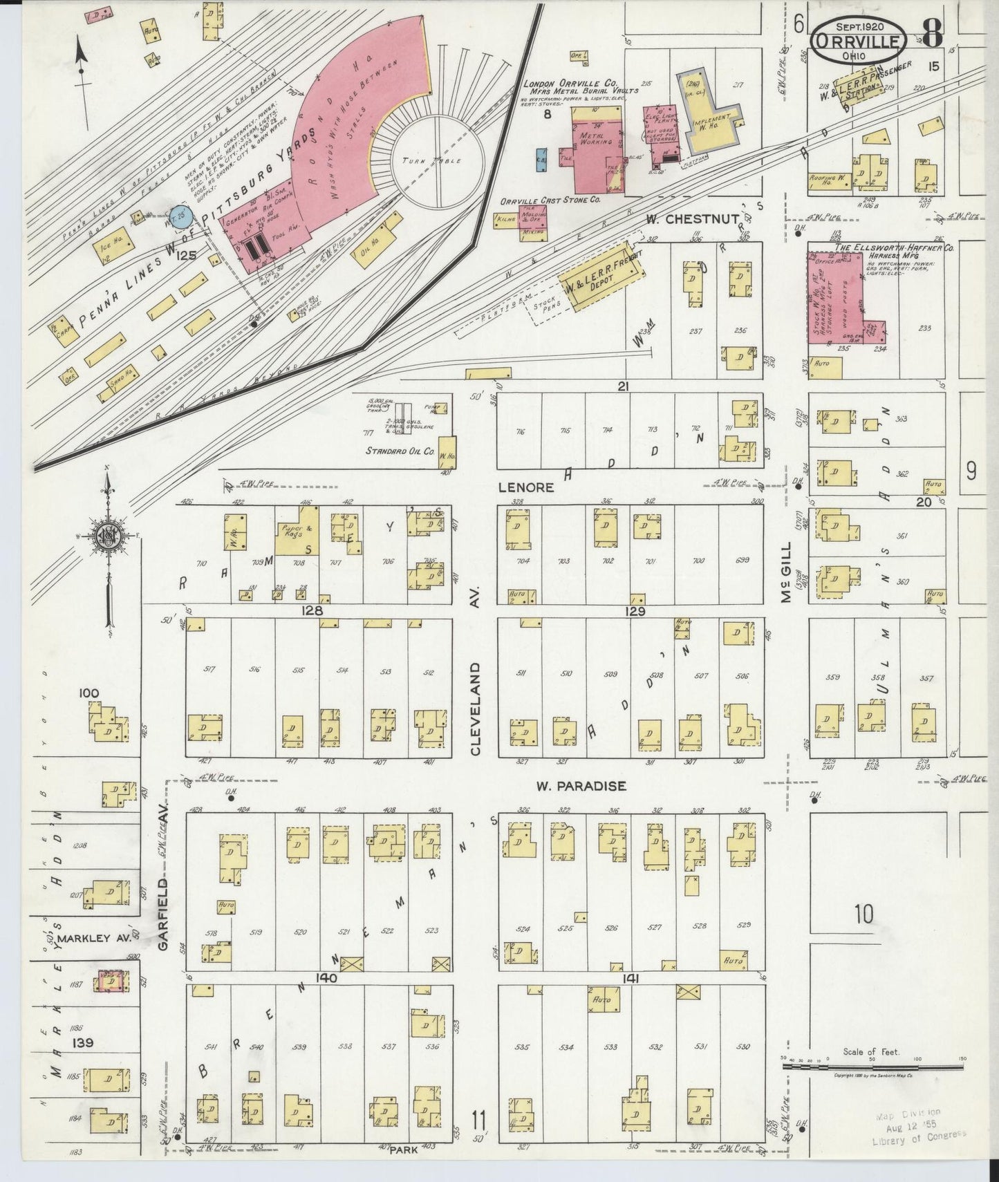 Sanborn Fire Insurance Map from Orrville, Wayne County, Ohio (1920), Sheet #0008 - Complete Map Set gallery image, historic Sanborn map, vintage wall art, Ohio Ohio