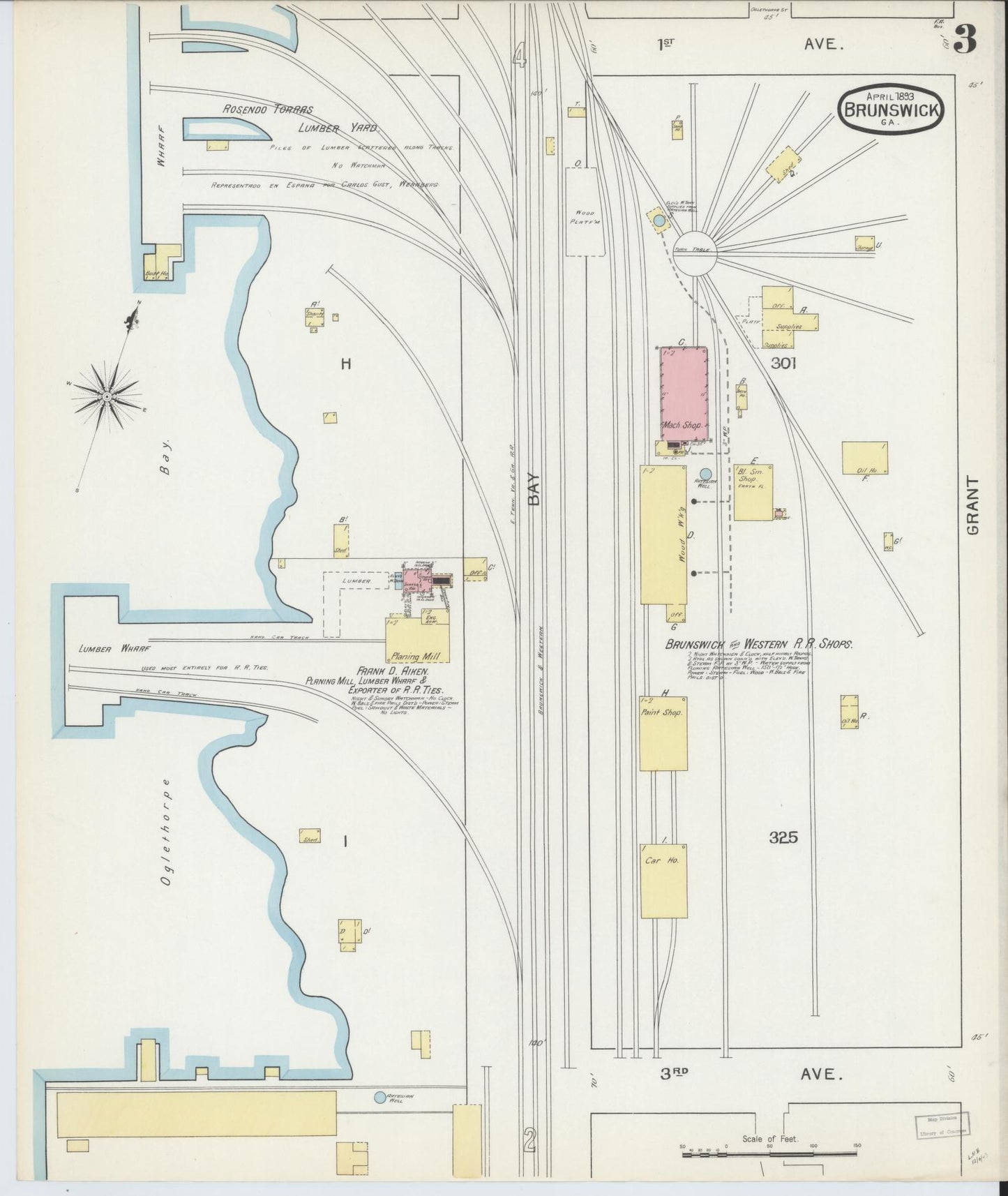 Sanborn Fire Insurance Map from Brunswick, Glynn County, Georgia (1893), Sheet #0003 - Historic Sanborn Fire Insurance Map Print, vintage old map wall art, antique decor, genealogy gift, Georgia Georgia map