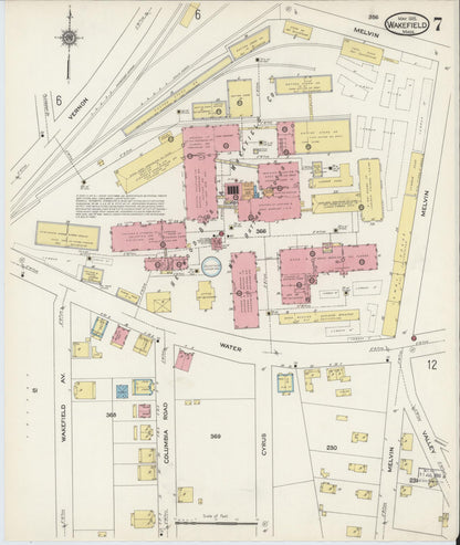 Sanborn Fire Insurance Map from Wakefield, Middlesex County, Massachusetts (1915), Sheet #0007 - Historic Sanborn Fire Insurance Map Print, vintage old map wall art, antique decor, genealogy gift, Massachusetts Massachusetts map