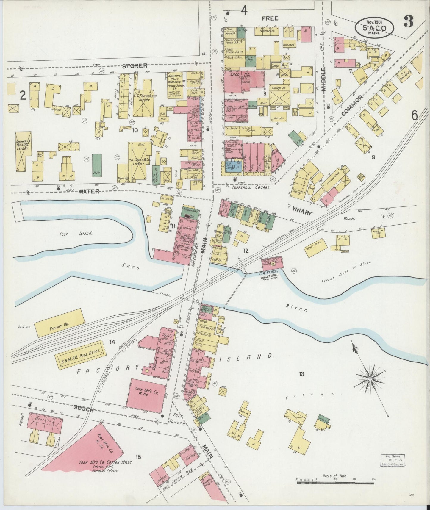 Sanborn Fire Insurance Map from Saco, York County, Maine (1901), Sheet #0003 - Complete Map Set gallery image, historic Sanborn map, vintage wall art, Maine Maine