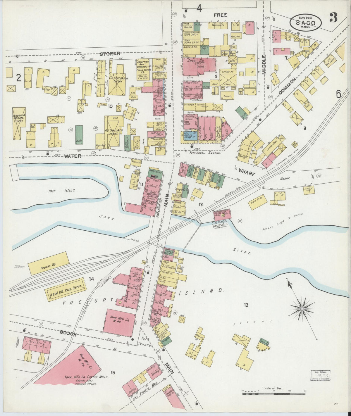 Sanborn Fire Insurance Map from Saco, York County, Maine (1901), Sheet #0003 - Complete Map Set gallery image, historic Sanborn map, vintage wall art, Maine Maine