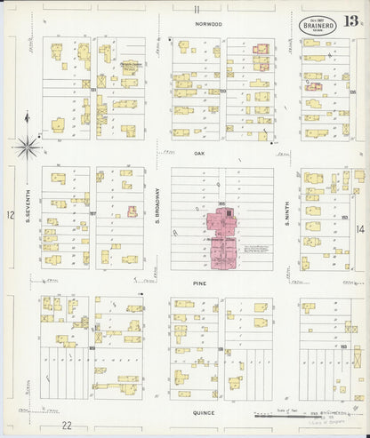 Sanborn Fire Insurance Map from Brainerd, Crow Wing County, Minnesota (1907), Sheet #0013 - Historic Sanborn Fire Insurance Map Print, vintage old map wall art, antique decor, genealogy gift, Minnesota Minnesota map