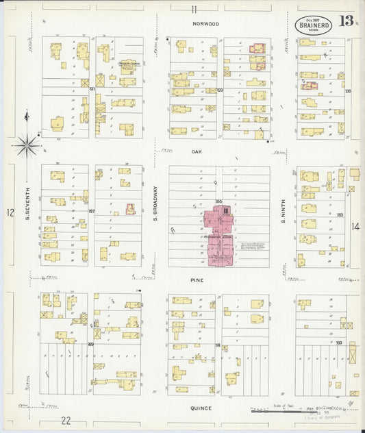 Sanborn Fire Insurance Map from Brainerd, Crow Wing County, Minnesota (1907), Sheet #0013 - Historic Sanborn Fire Insurance Map Print, vintage old map wall art, antique decor, genealogy gift, Minnesota Minnesota map