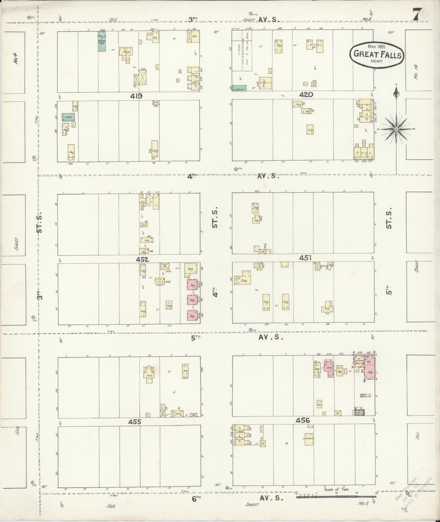 Sanborn Fire Insurance Map from Great Falls, Cascade County, Montana (1891), Sheet #0007 - Historic Sanborn Fire Insurance Map Print, vintage old map wall art, antique decor, genealogy gift, Montana Montana map