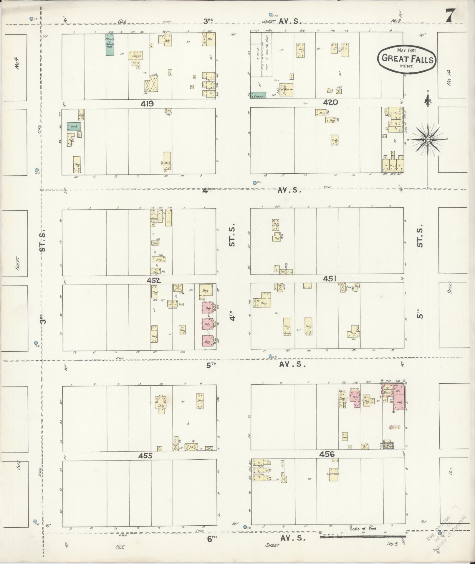 Sanborn Fire Insurance Map from Great Falls, Cascade County, Montana (1891), Sheet #0007 - Historic Sanborn Fire Insurance Map Print, vintage old map wall art, antique decor, genealogy gift, Montana Montana map