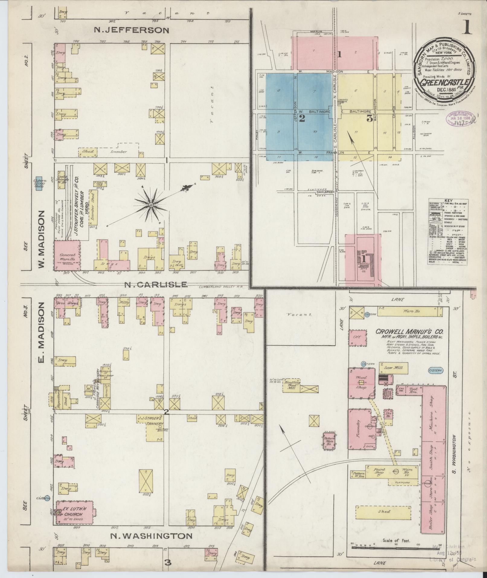 Sanborn Fire Insurance Map from Greencastle, Franklin County, Pennsylvania (1885), Sheet #0001 - Historic Sanborn Fire Insurance Map Print, vintage old map wall art, antique decor, genealogy gift, Pennsylvania Pennsylvania map