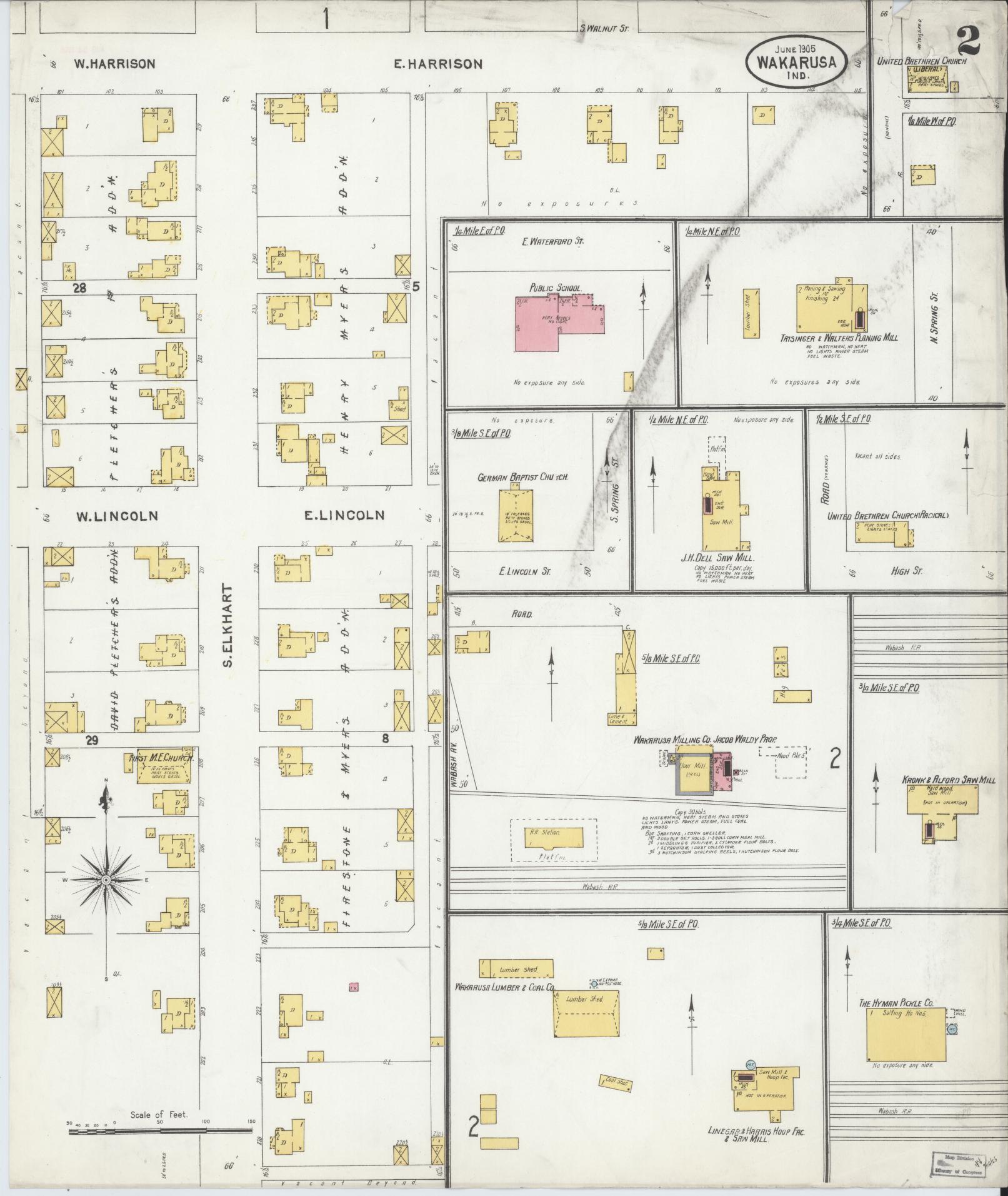 Sanborn Fire Insurance Map from Wakarusa, Elkhart County, Indiana (1905), Sheet #0002 - Historic Sanborn Fire Insurance Map Print, vintage old map wall art, antique decor, genealogy gift, Indiana Indiana map
