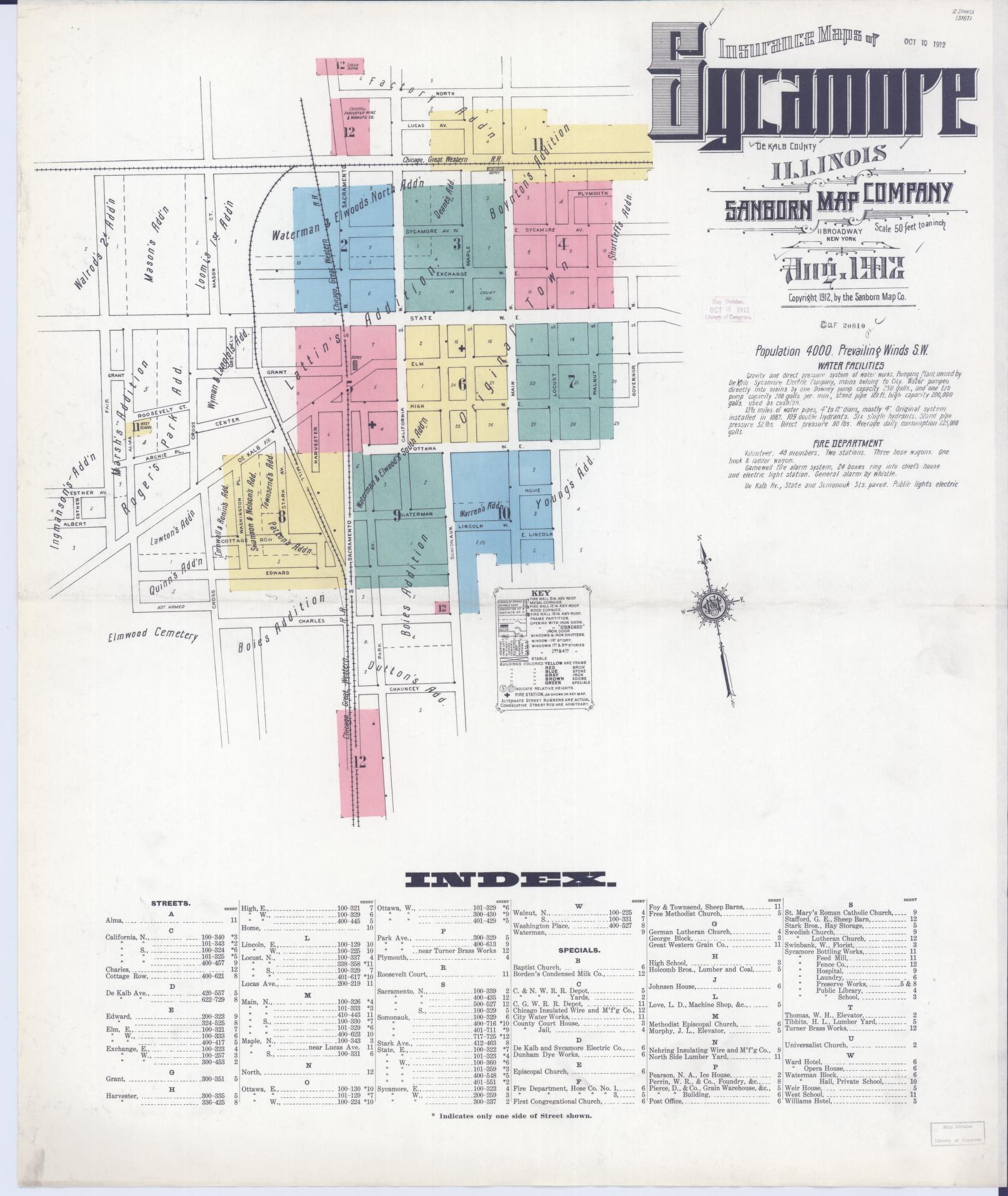 Sanborn Fire Insurance Map from Sycamore, De Kalb County, Illinois (1912), Sheet #0001 - Historic Sanborn Fire Insurance Map Print, vintage old map wall art, antique decor, genealogy gift, Illinois Illinois map