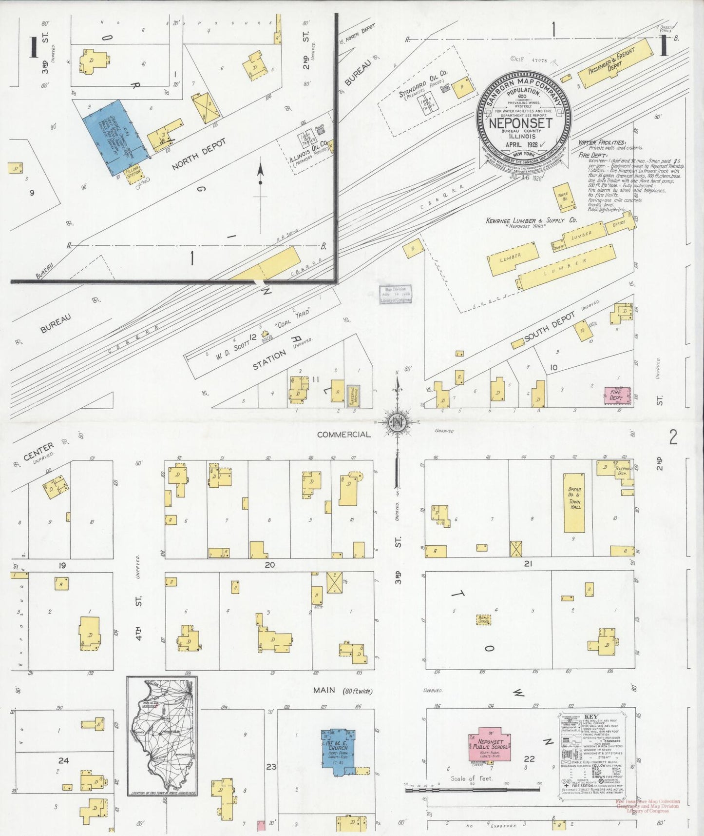 Sanborn Fire Insurance Map from Neponset, Bureau County, Illinois (1928), Sheet #0001 - Historic Sanborn Fire Insurance Map Print, vintage old map wall art, antique decor, genealogy gift, Illinois Illinois map