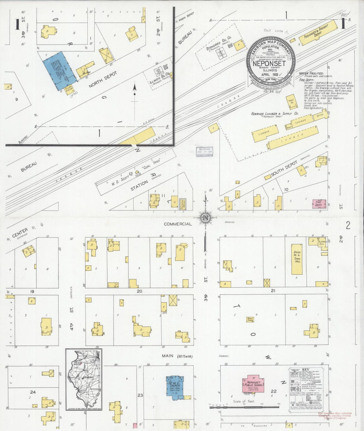 Sanborn Fire Insurance Map from Neponset, Bureau County, Illinois (1928), Sheet #0001 - Historic Sanborn Fire Insurance Map Print, vintage old map wall art, antique decor, genealogy gift, Illinois Illinois map