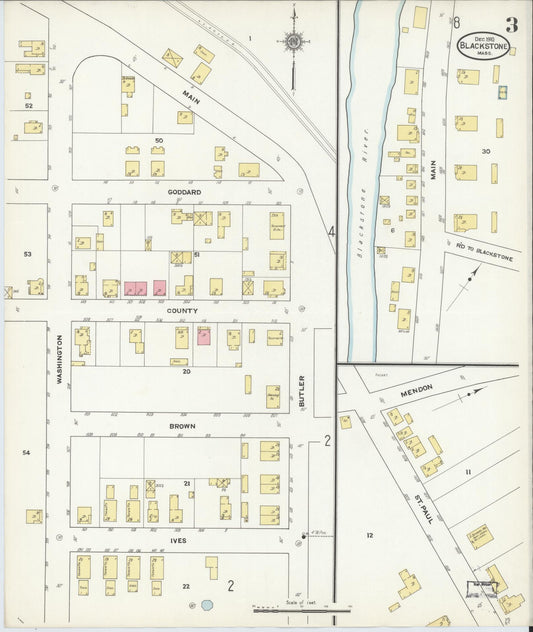 Sanborn Fire Insurance Map from Blackstone, Worcester County, Massachusetts (1910), Sheet #0003 - Historic Sanborn Fire Insurance Map Print, vintage old map wall art, antique decor, genealogy gift, Massachusetts Massachusetts map