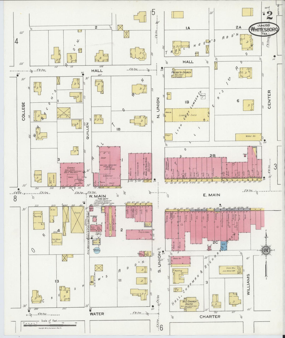 Sanborn Fire Insurance Map from Whitesboro, Grayson County, Texas (1921), Sheet #0002 - Historic Sanborn Fire Insurance Map Print, vintage old map wall art, antique decor, genealogy gift, Texas Texas map