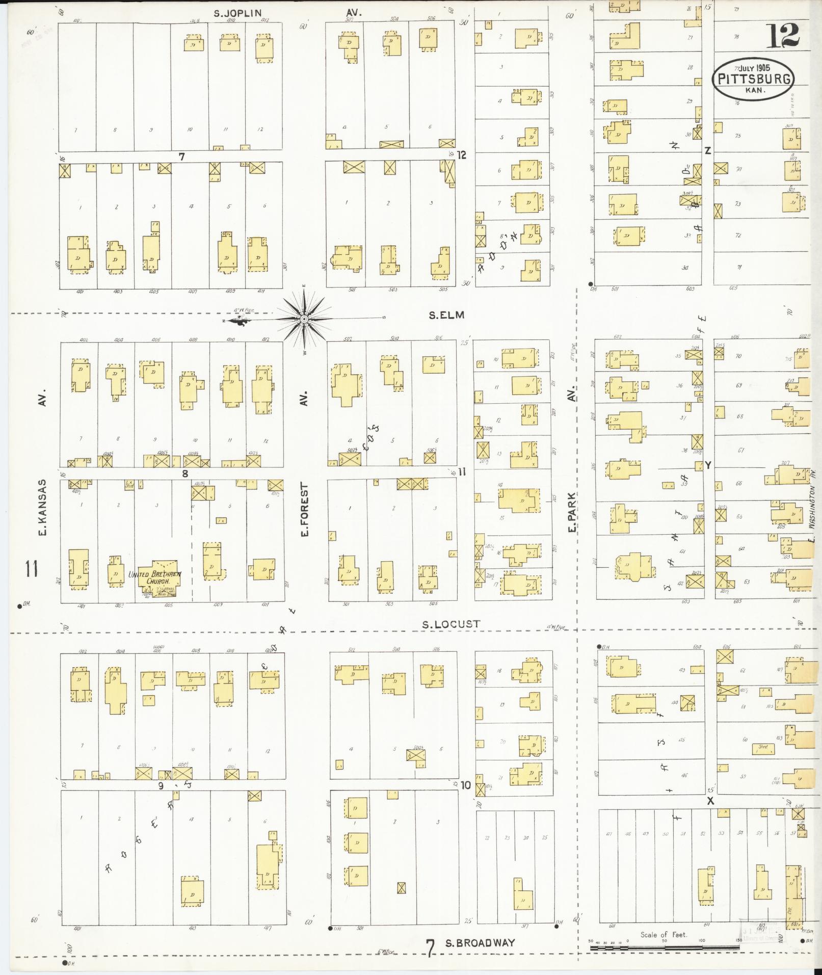 Sanborn Fire Insurance Map from Pittsburg, Crawford County, Kansas (1905), Sheet #0012 - Historic Sanborn Fire Insurance Map Print, vintage old map wall art, antique decor, genealogy gift, Kansas Kansas map
