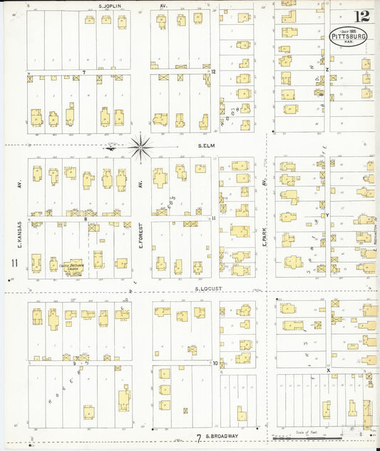 Sanborn Fire Insurance Map from Pittsburg, Crawford County, Kansas (1905), Sheet #0012 - Historic Sanborn Fire Insurance Map Print, vintage old map wall art, antique decor, genealogy gift, Kansas Kansas map