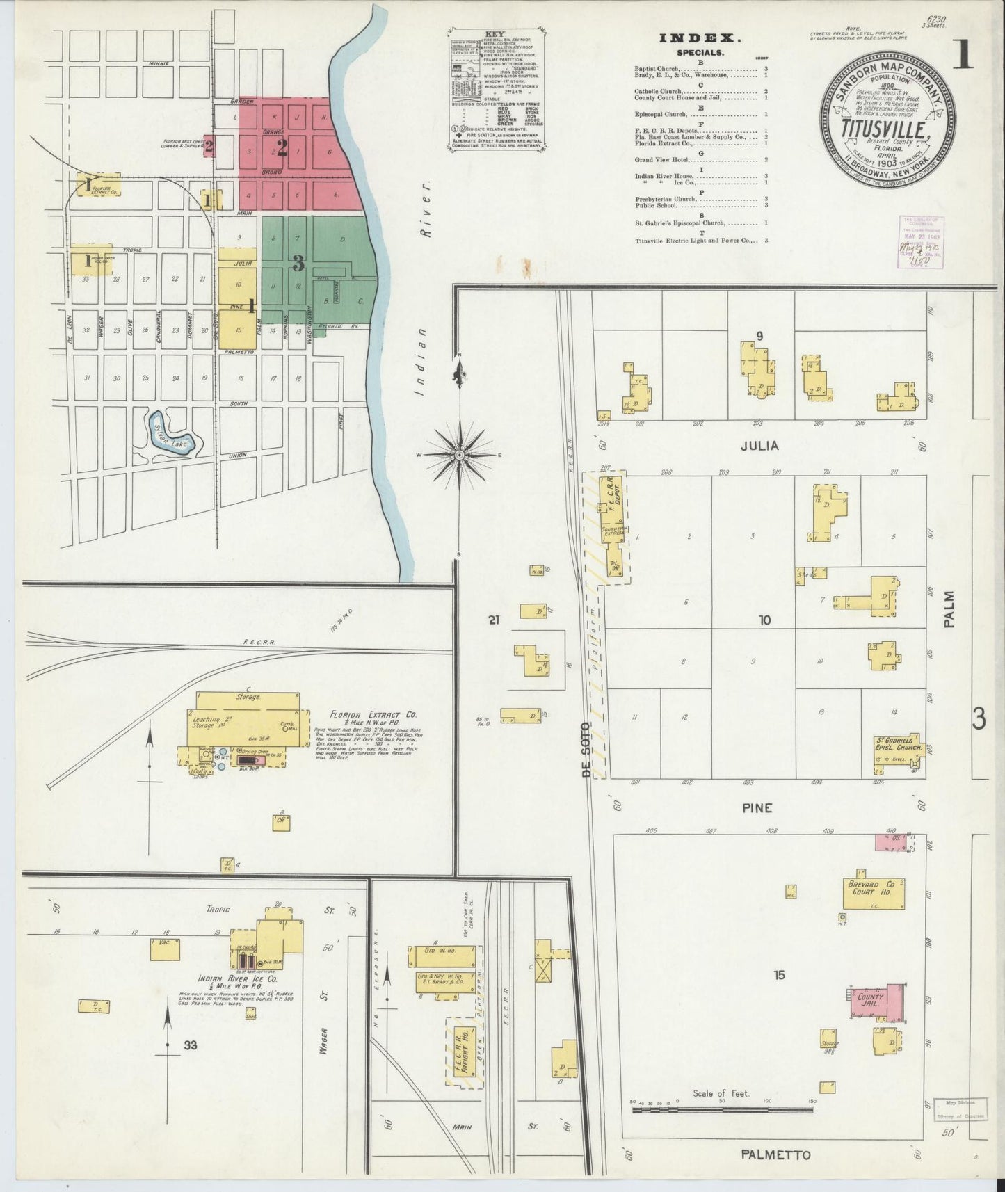 Sanborn Fire Insurance Map from Titusville, Brevard County, Florida (1903), Sheet #0001 - Historic Sanborn Fire Insurance Map Print, vintage old map wall art, antique decor, genealogy gift, Florida Florida map