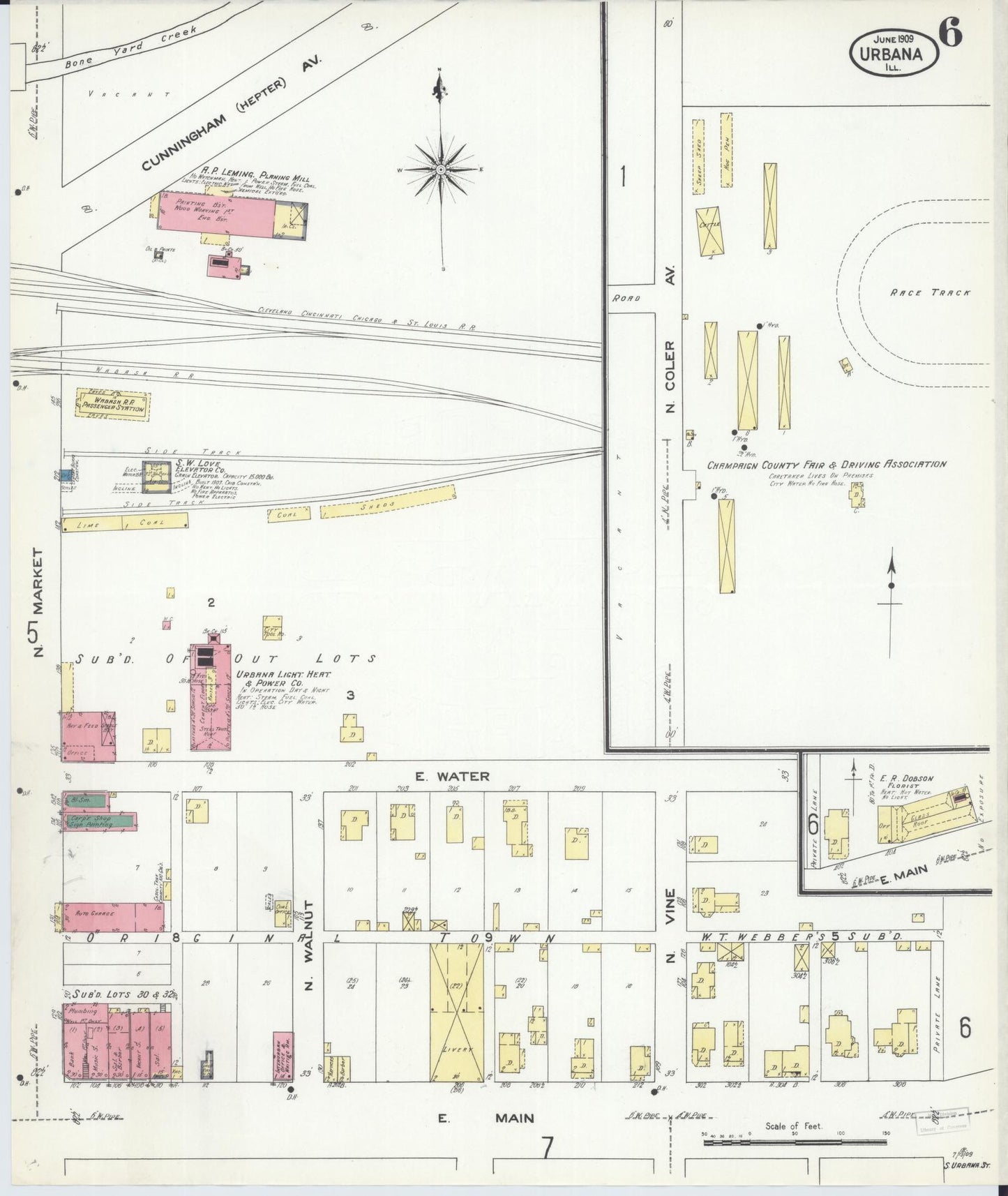 Sanborn Fire Insurance Map from Urbana, Champaign County, Illinois (1909), Sheet #0006 - Complete Map Set gallery image, historic Sanborn map, vintage wall art, Illinois Illinois