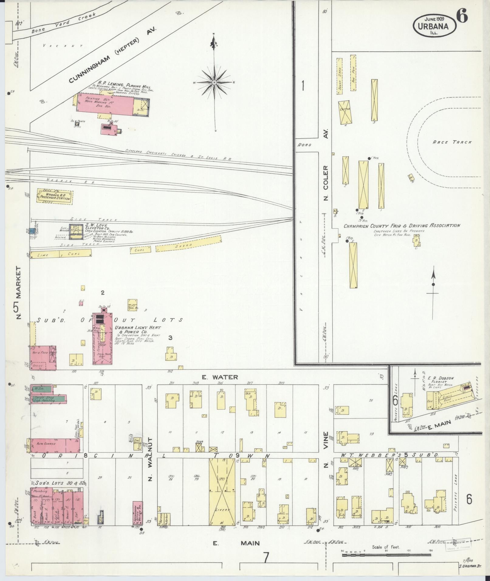 Sanborn Fire Insurance Map from Urbana, Champaign County, Illinois (1909), Sheet #0006 - Complete Map Set gallery image, historic Sanborn map, vintage wall art, Illinois Illinois